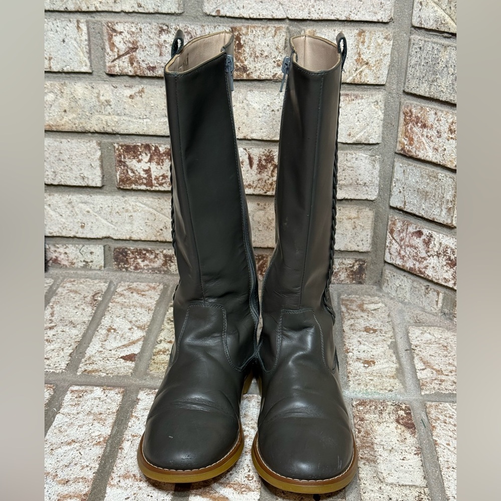 Elephantito Leather Braid Detail Tall Riding Boots Size 4 Grey Green EUC - Picture 3 of 8